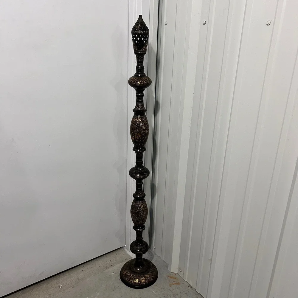 Vintage Persian Etched Brass Floor Lamp Black Gold Floral Tall Decorative Stand